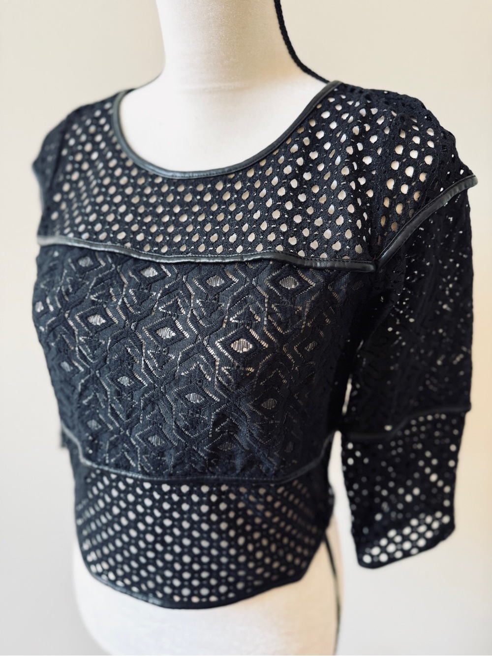 Black Lace Crochet and leather Crop Top